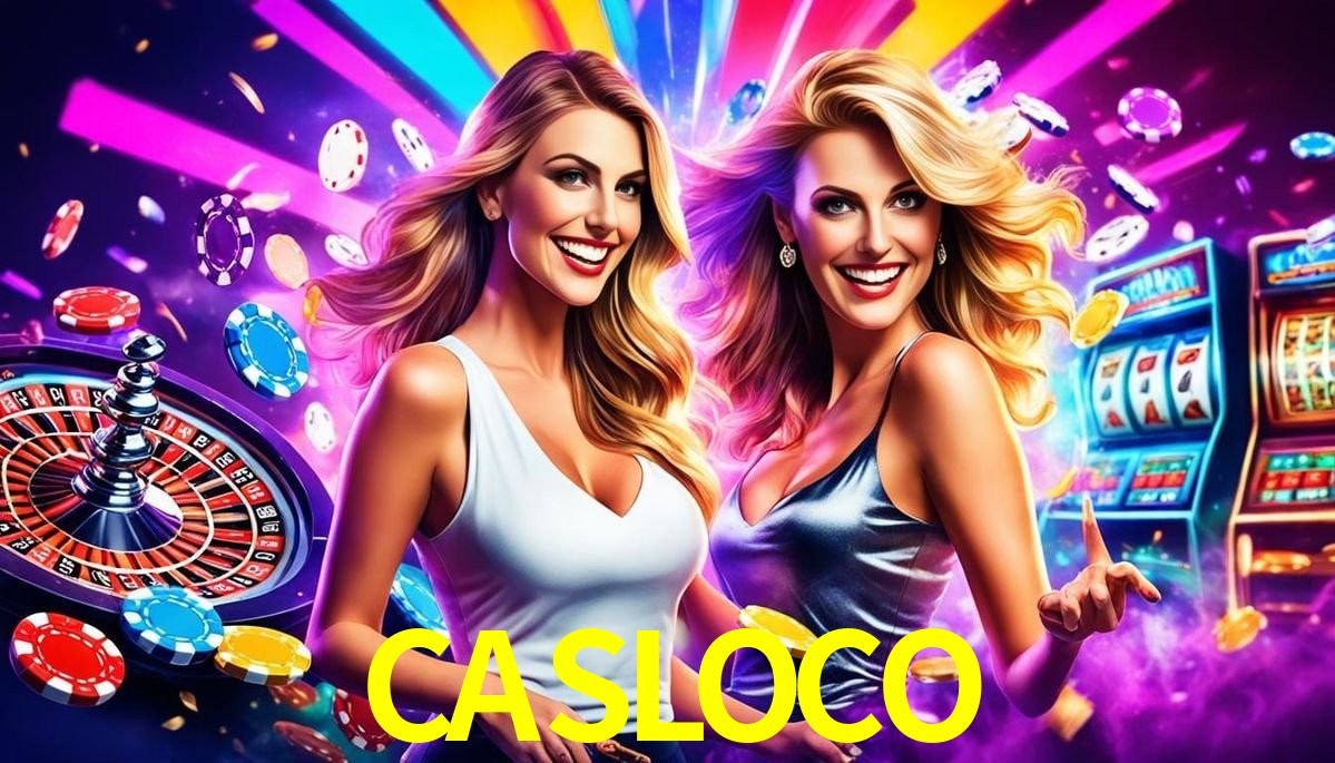 Una escena digital vívida inspirada en casino con CASLOCO mostrado prominentemente, luces brillantes, fichas, cartas y acentos dorados.