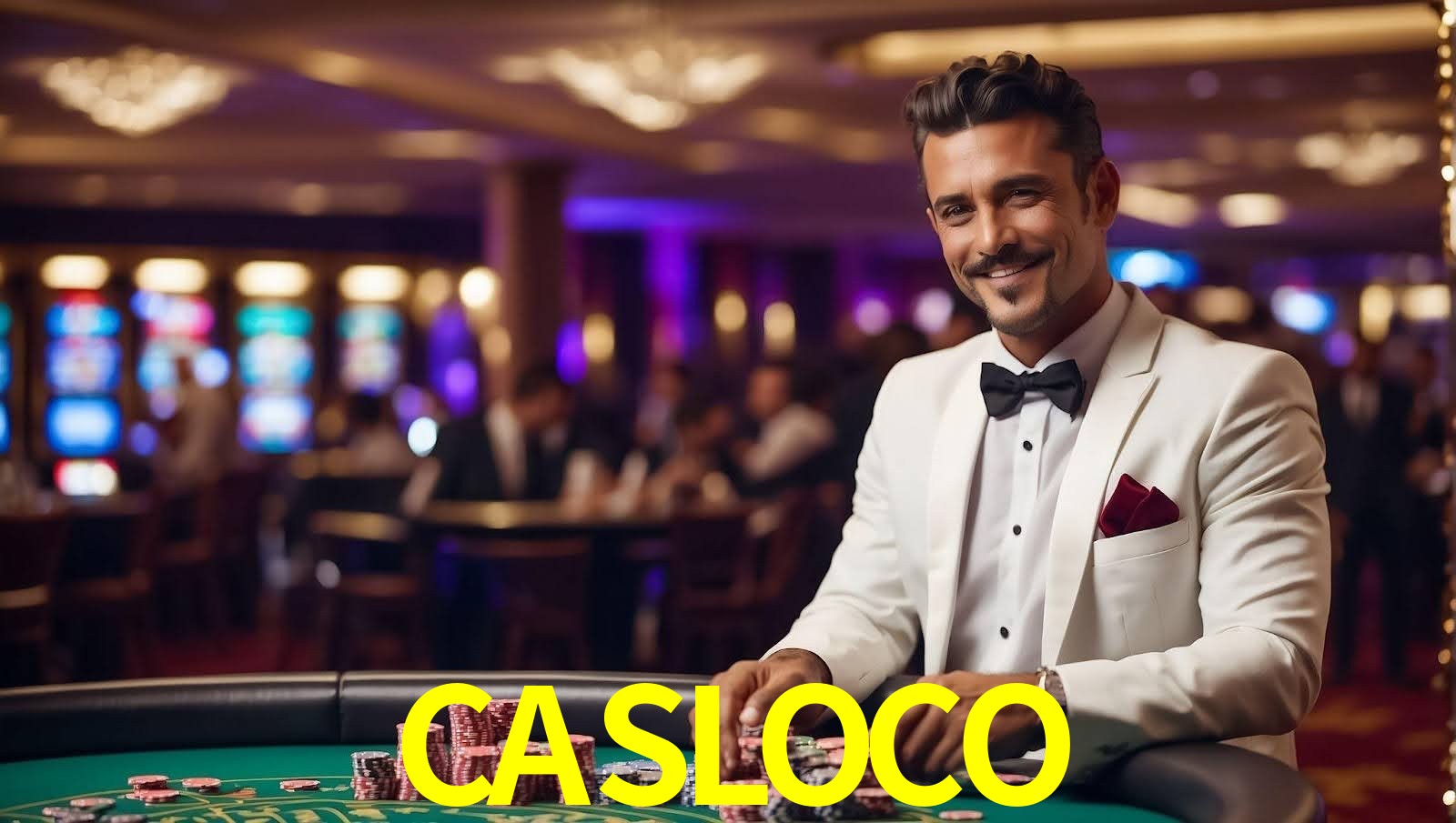 Escena dinámica inspirada en casino con iluminación CASLOCO, cartas, fichas e íconos de juegos digitales en un espacio moderno de juegos.